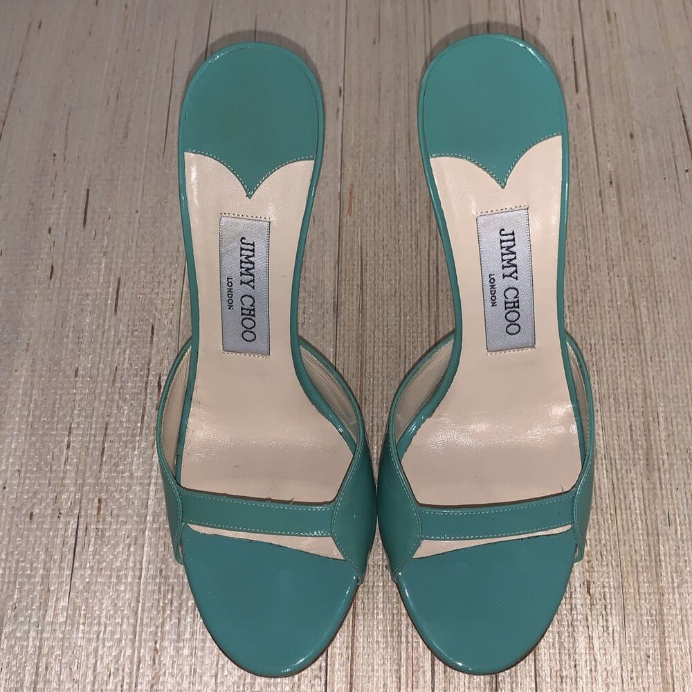 Jimmy Choo Turquoise/Green Patent Leather Sandals Preppy Office Womens 8 EU 38 - Picture 12 of 16
